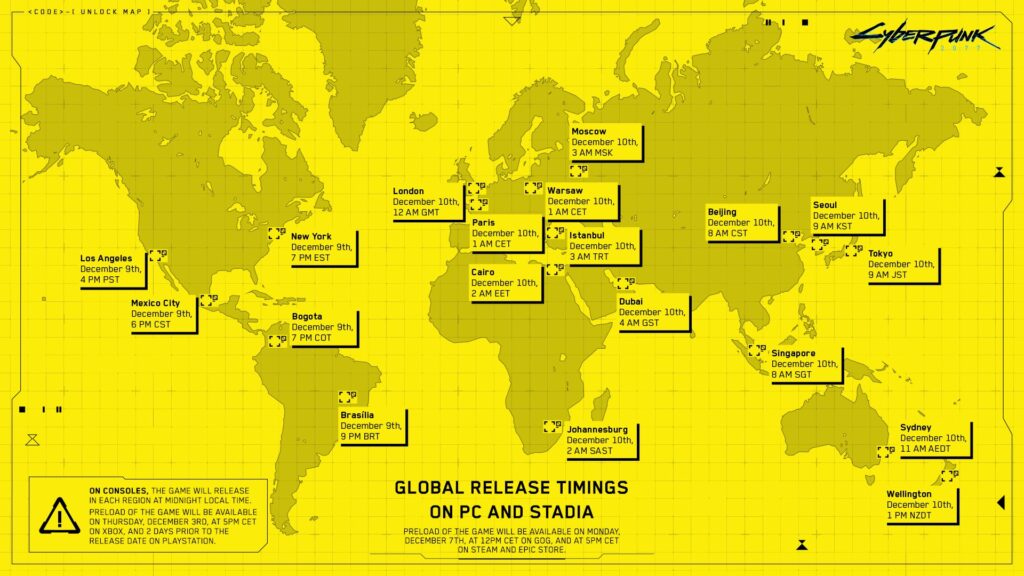Cyberpunk 2077 Global Release Timings PC Console Stadia