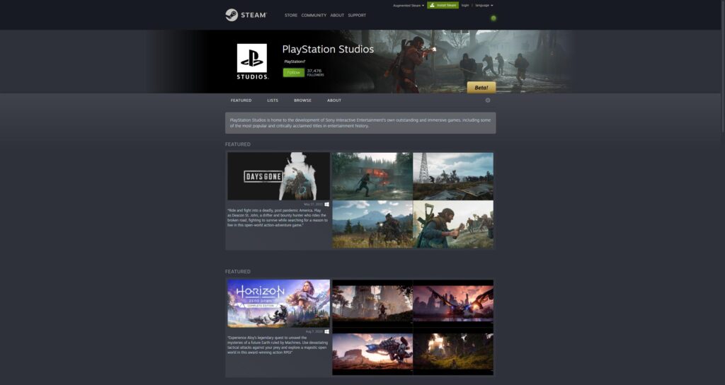 Playstation Steam Page