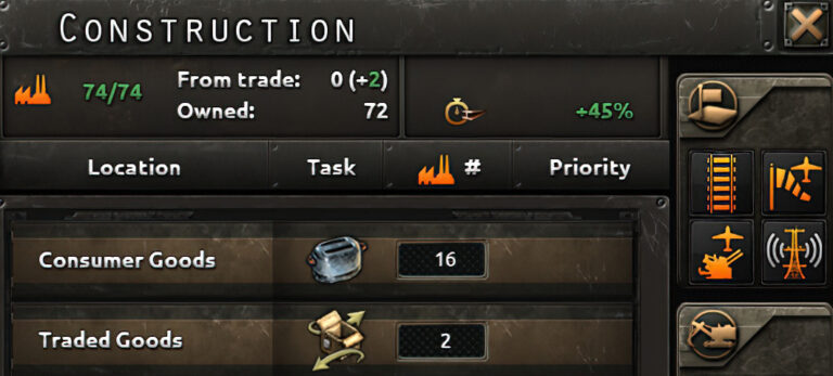 The top of the construction menu in Hearts of Iron IV.