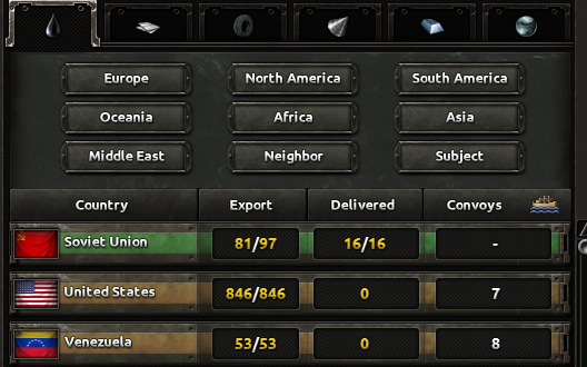 The trade selection screen in Hearts of Iron IV.