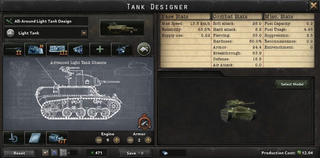 A light tank design in Hearts of Iron 4.