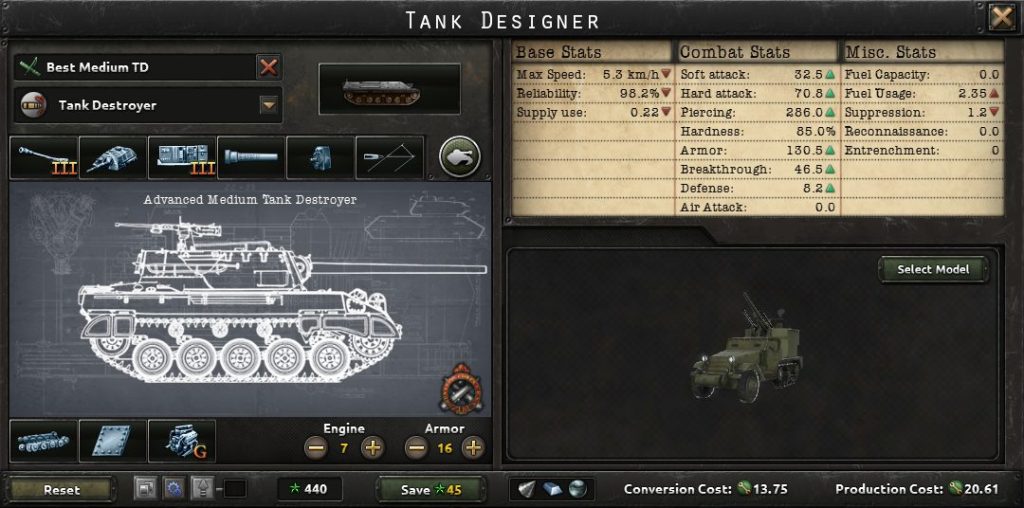 A medium tank destroyer design in Hearts of Iron IV.