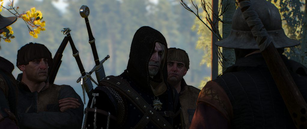 Geralt surrounded by the Barons men in The Witcher 3