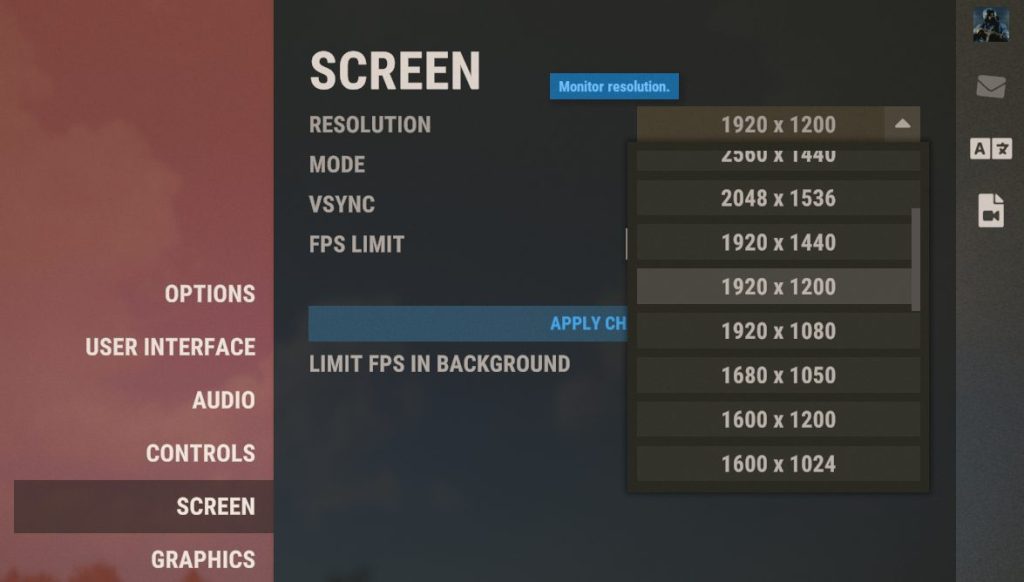 new screen reselutions and other settings dropdowns