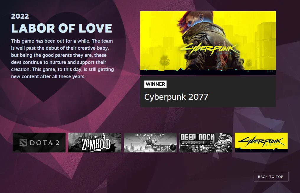 cyberpunk 2077 won the labor of love steam award 2022