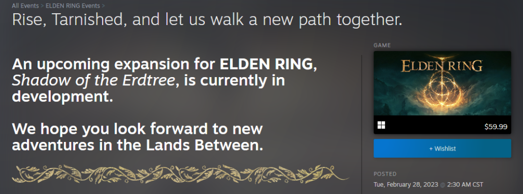 developers of elden ring steam news announcement of shadow of the erdtree teaser