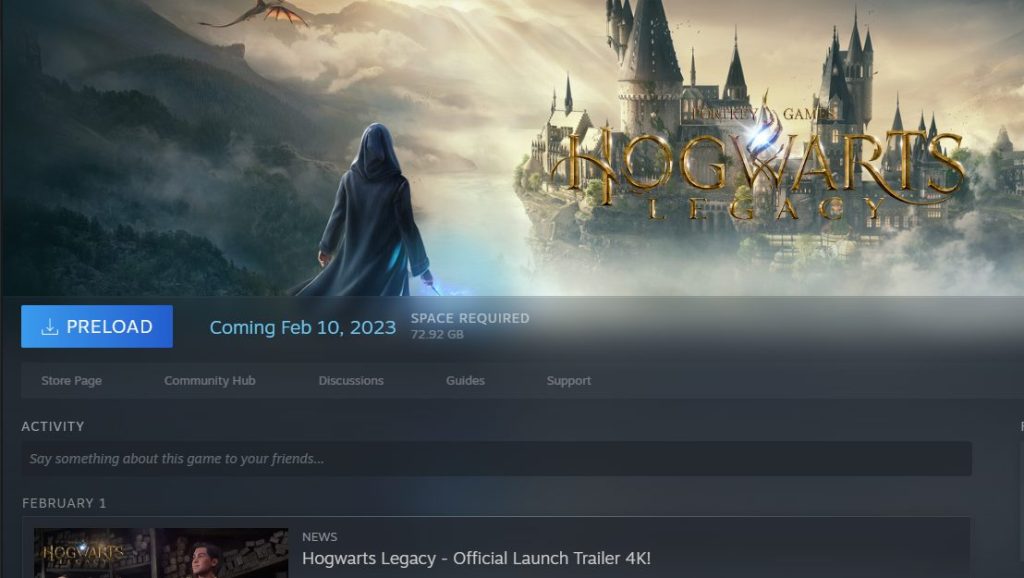 hogwarts legacy can now be preloaded on steam