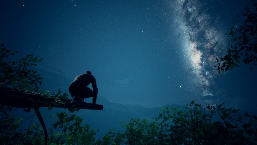 A realistic screenshot from Ancestors: The Humankind Odyssey of an early hominid perched on a tree branch, high above the treetops. It's dwarfed by the blue, starry sky, and is looking out at the Milky Way.