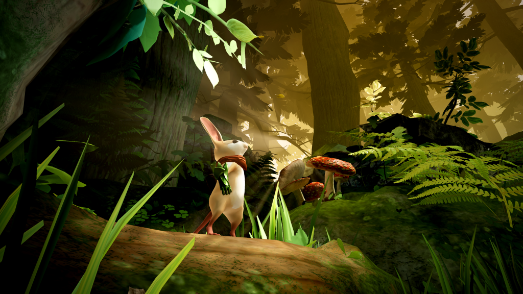 A stylized image from the game Moss. Quill, a white mouse, stands on the forest floor. She's small enough that a tuft of grass is at the height of her chest, and she's wearing a red scarf and grey gauntlet. In the background, there are taller trees, ferns, and a red mushroom. Sunlight filters through the trees. 