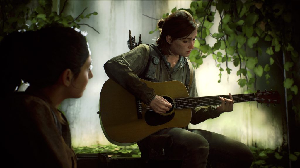 A photorealistic scene from The Last Of Us: Part 2. Ellie, a brown-haired, light-skinned girl, is sitting in front of a waterfall, playing an acoustic guitar. Dina, a brown-skinned girl with dark hair, sits in the foreground, her back turned to the viewer, listening to Ellie play. The scene is framed by green leaves. 