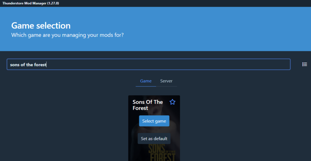 thunderstore mod manager selecting game sons of the forest guide v2