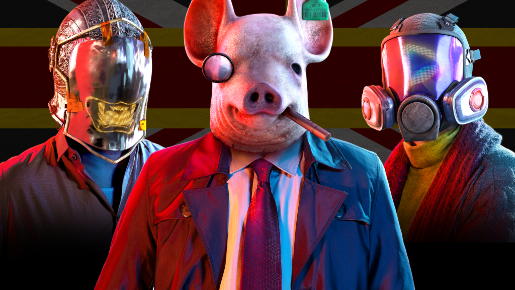 A promotional image from Watch Dogs: Legion. A semi-realistic image of three figures standing in front of a British flag. The figure in the center is a person wearing a trenchcoat, a collared shirt, and a detailed, realistic pig mask. The pig mask is wearing a monocle and has a cigar sticking out of its mouth. The two figures to each side of it are wearing futuristic helmets that fully obscure their faces- the one on the left looks like a cross between a knight's helmet and a motorcycle helmet, and the one on the right looks like a motorcycle helmet with an attached gas mask. The image is lit with harsh red and blue lighting.