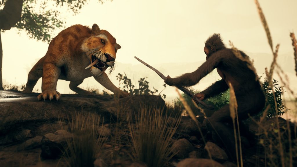 A realistic screenshot from Ancestors: The Humankind Odyssey of an early hominid fighting a sabertoothed tiger with a sharpened stick. The hominid has brown fur and is backed down, trying to defend itself. The sabertooth is on a high rock and is looking at the hominid.