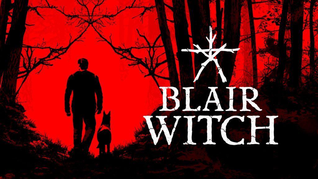 A posterized black-and-red photograph used as promo art for Blair Witch (2019). The image is of a human figure with short hair, seen from behind. They're walking through a path in the woods with a dog by their side. The tree branches above them make the shape of the iconic Blair Witch stick dolls. To the right of the person and the dog, a stylized stick doll, and the words "Blair Witch", are overlaid over the image.