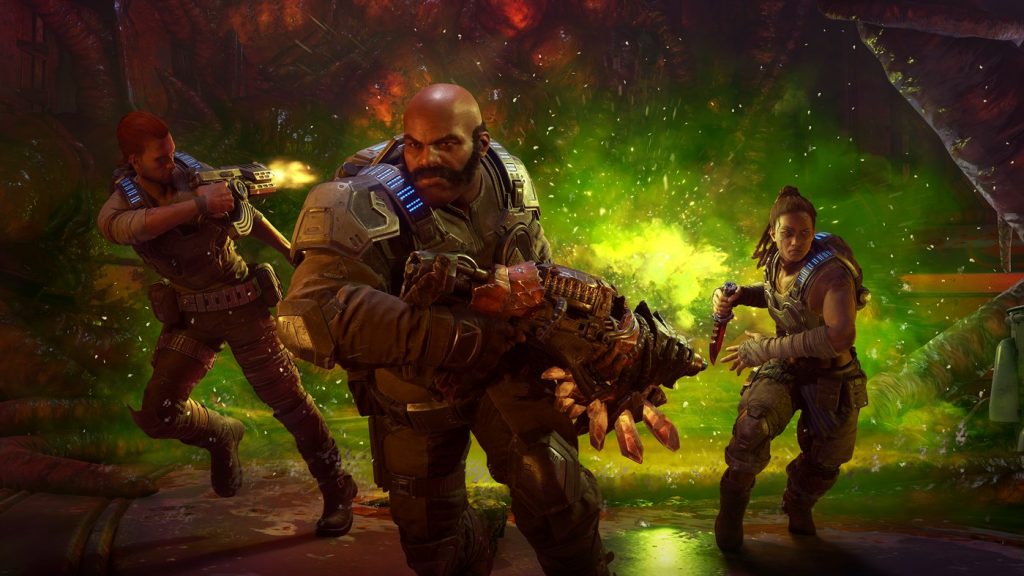 A semi-realistic piece of promotional art from Gears 5. Three people run away from a green explosion. On the left, a brown-haired man shoots behind him with a large submachine gun. A bald man with thick mutton chops runs shoulder-forward, holding a futuristic grenade launcher. To the right, a young woman with dark hair in a ponytail sprints away. 