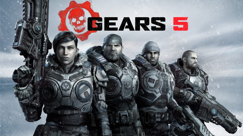 A piece of semi-realistic promo art for Gears 5 showing a desaturated image of a squad of soldiers in futuristic armour. The protagonist, Kait, is the first soldier in line, holding a large gun against her shoulder. She's a dark-haired woman with a big nose and fur around her collar. The protagonist of the original series, Markus Fenix, stands behind her. Markus is a white man with a stubbly chin and a soul patch; he's staring at the camera dramatically. Two other soldiers stand behind them, one facing the camera, the other looking off to the side with a large, futuristic gun raised.