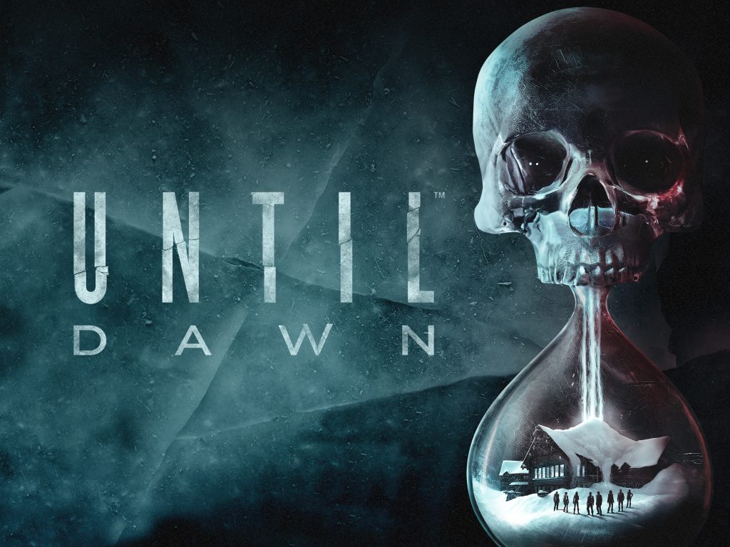 A stylized promotional image from Until Dawn. An hourglass with a skull in the top bulb drains white sand; the bottom bulb holds a small cabin, covered in snow, and the silhouettes of the protagonists. The hourglass is on a stylized blue background that looks like both crumpled paper and a blizzard; the game's name is displayed in faded white text beside the hourglass.