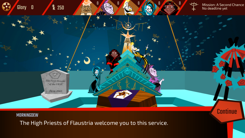AstroNaut The Best gameplay screenshot- a stylized 60s cartoon image of a group of five people seated on a tiered platform, with a starry sky in the background.