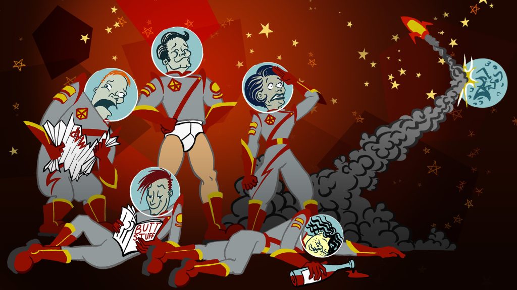 AstroNaut The Best key art. A stylized, 60s-cartoon style illustration of a group of astronauts in various states of disarray. One astronaut is missing their pants; another is trying and failing to read an upside-down map.