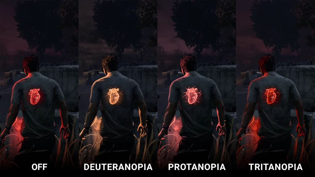 An image showing the different colorblind options for the terror radius visualization. The image is split into four sections, each with the same picture of the player character. The player character- a young man with dark hair, glasses, light skin, and a short-sleeved collared shirt- stands in the center of each section. A glowing heart hangs in his chest. Each section of the image is colored slightly differently, showing the different filters the devs created to compensate for different forms of colorblindness. 