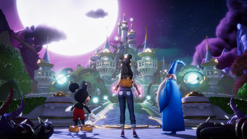 A stylized 3D render of a scene from Disney: Dreamlight Valley. The protagonist, Mickey Mouse, and Merlin stand outside of a Disney-styled castle, under a purple sky with a huge full moon. The protagonist has black hair, done into Mickey Mouse ear space buns, brown skin, an orange shirt, and blue jeans. 