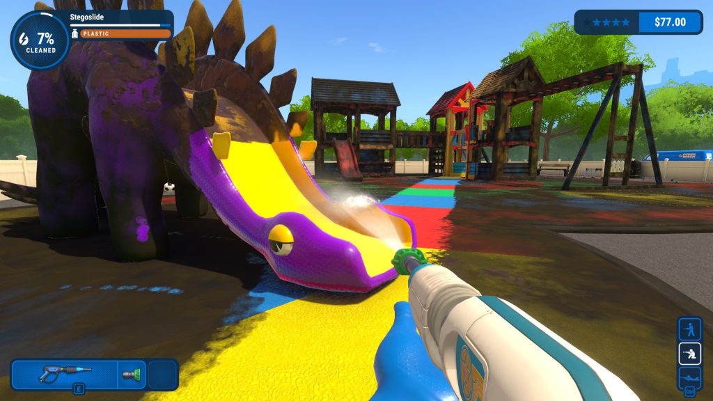 An image from PowerWash Simulator- the player, shown in first person, is standing in a playground covered in mud. They are spraying the mud off of a purple, stegosaurus-shaped slide.