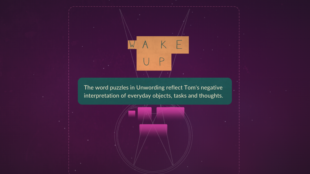 A word puzzle from Unwording. A series of cubes over a starry purple background. Text says "The word puzzles in Unwording reflect Tom's negative interpretation of everyday objects, tasks, and thoughts."