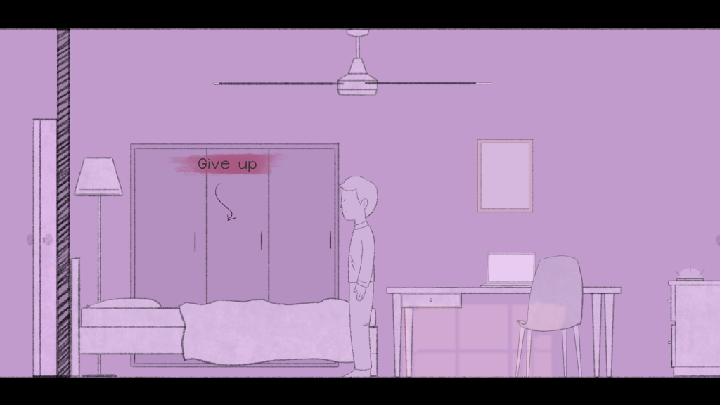 Unwording Day 1- a 2D, black-and-white image of a young man standing in his bedroom in front of a bed. Text above the bed says "give up".