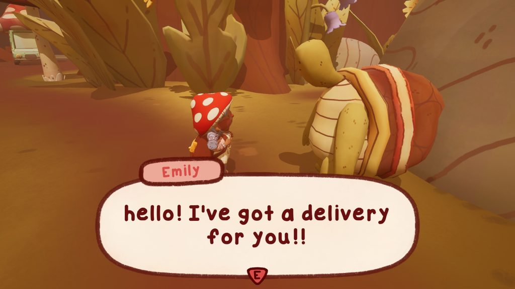 A cute, sepia-toned cartoon image from the game Mail Time. A girl in a mushroom-shaped hat is talking to an anthropomorphic turtle. They are in a forest with huge leaves and undergrowth. A speech bubble at the bottom of the screen is stylized to look like handwriting. The mushroom girl- whose name is Emily- says, "hello! I've got a delivery for you!!"
