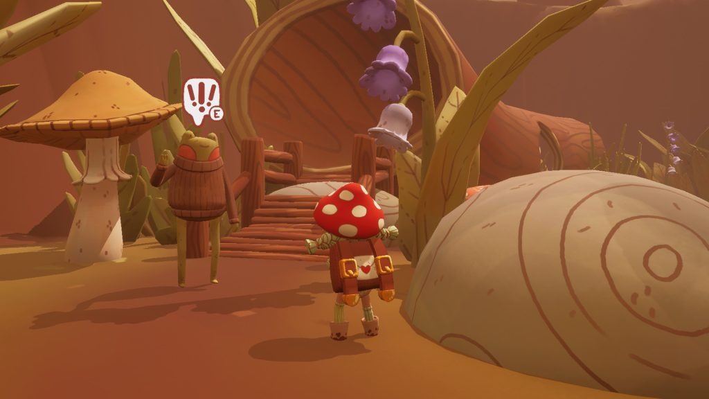 A cute, sepia-toned cartoon image from the game Mail Time. A girl in a mushroom-shaped hat is walking through a forest with giant flowers, mushrooms, and a snail shell that's taller than she is. She has a large knapsack on her back. She's walking towards an anthropomorphic frog in a sweater. The frog has a speech bubble above its head saying "!!!". They're smiling and waving at her.