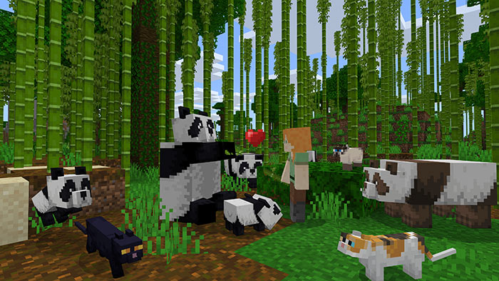 An image of Alex, one of the two default Minecraft characters, standing in a bamboo forest, surrounded by pandas and cats. One of the pandas is sitting up, and a heart floats in the air between it and Alex. 
