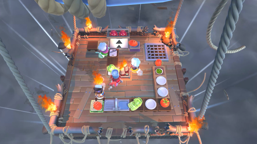 A stylized image from the game Ovecrooked: All You Can Eat! of a kitchen on a suspended platform hanging over a 