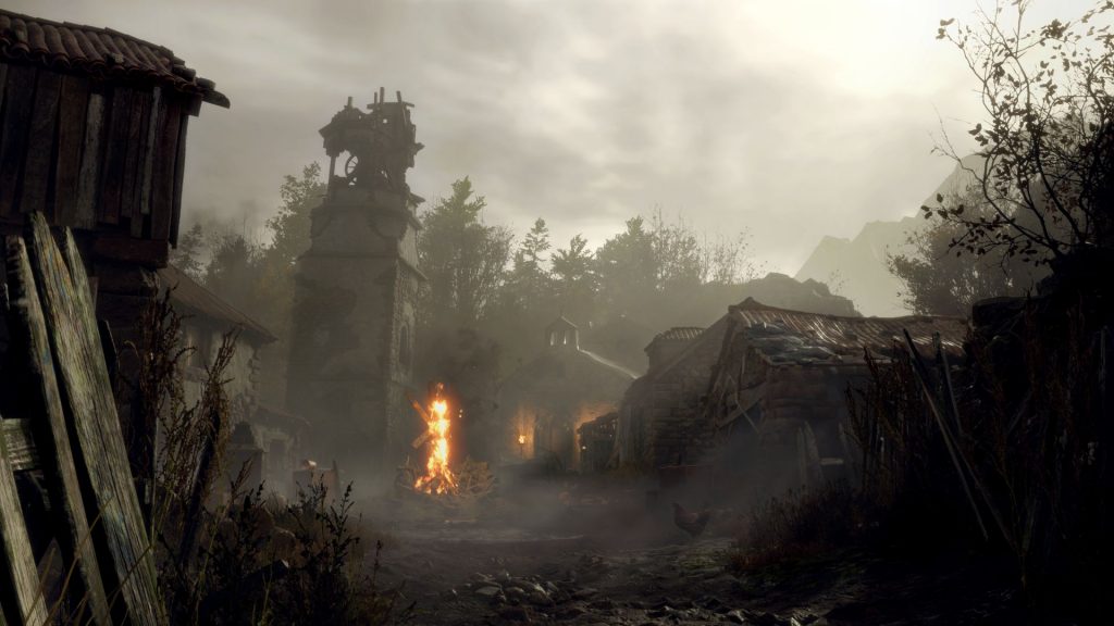 An image of the town from Resident Evil 4, in a semi-realistic style. It's a brown collection of shacks, under a grey sky, with trees in the distance. A red fire burns in the center of the image.