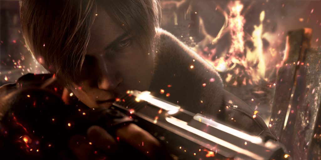 A realistic image of Leon Kennedy from Resident Evil 4. It is a closeup of his face, looking at the camera over the barrel of a gun. He's surrounded by fire and embers rising to the sky.