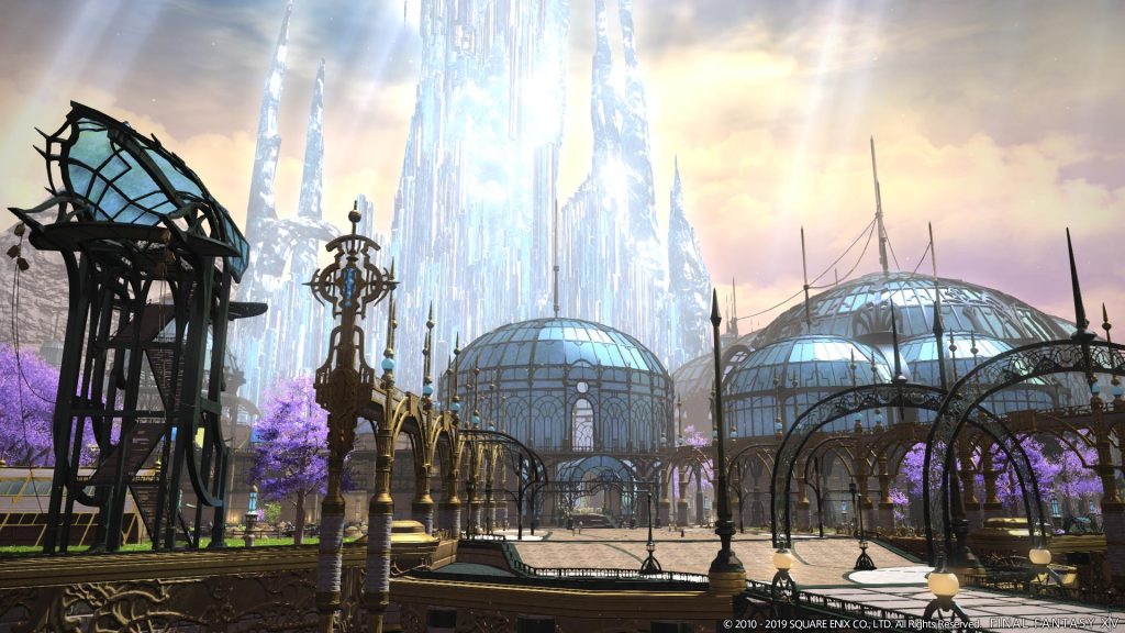 A stylized, anime landscape from FFXIV: A Realm Reborn. A city of buildings made from wrought iron and glass, looking like a dreamscape of Victorian greenhouses. Large, crystal pillars rise up in the distance.