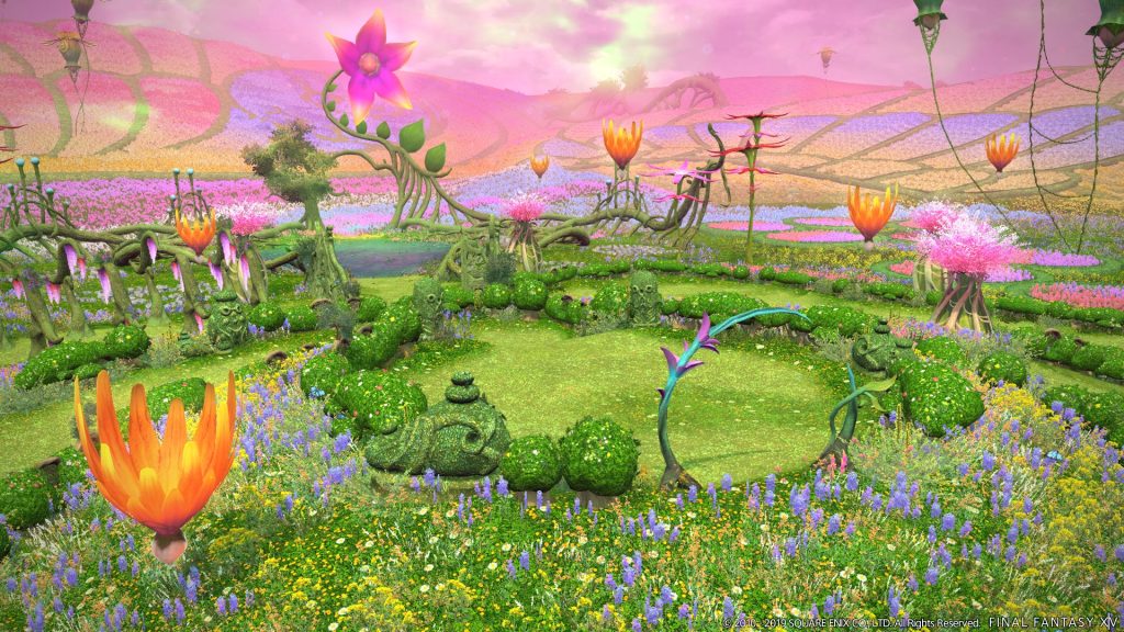 A stylized, anime landscape from FFXIV: A Realm Reborn. A green field full of carefully trimmed bushes, wildflowers, and giant flowers the size of a person, with a pink sky overhead.