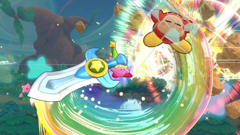 A stylized, cartoon image from Kirby's Return To Dreamland Deluxe. Kirby- a pink puffball in a green pointed hat- is swinging a giant sword, in an arc surrounded by speed lines. He's hit a Waddle Dee- an orange blob with arms and yellow feet- into the screen, and hit's hit so hard it's left a "crack".
