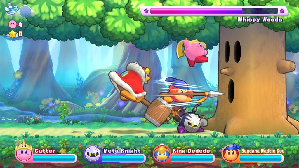 A stylized, cartoon image from Kirby's Return To Dreamland Deluxe. Kirby- a pink puffball in a yellow headband- and three friends- a Waddle Dee in a blue bandana, the red-robed penguin King Dedede, and the white-masked Meta Knight- fight the giant hollow-faced tree, Whispy Woods.  