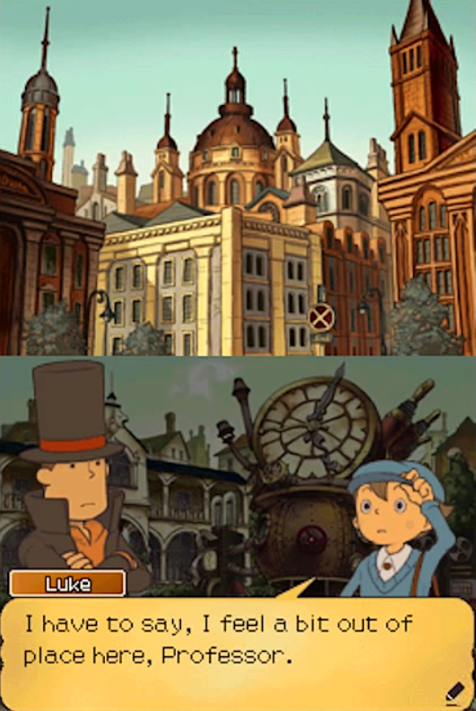 A screenshot from the adventure game portion of Professor Layton and the Unwound Future. The top screen shows an illustration of London. The bottom screen shows Professor Layton- a man in a top hat and a high collared coat, with a simple cartoon face- and Luke, a boy in a paperboy cap and sweater, with an equally simple face. They're standing in front of a contraption with a massive clock face. Luke says, "I have to say, I feel a bit out of place here, professor." 