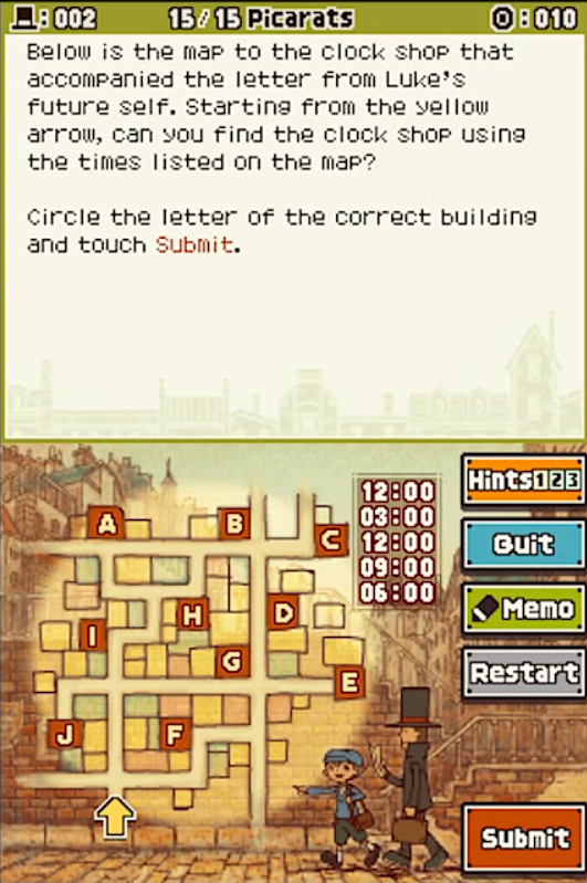 A screenshot from Professor Layton and the Unwound Future, showing a puzzle where you have to find your way to a clock shop through clues given by times listed on the map.