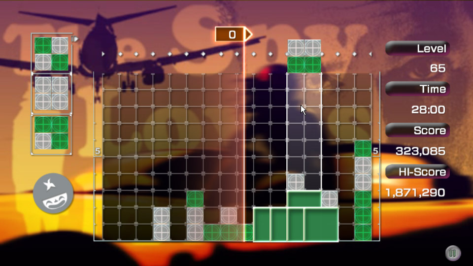 An image of the falling block puzzler "lumines". The blocks in this level are green and white. An airplane, and the words "the spy loves", are highlighted in the background against a sunset.