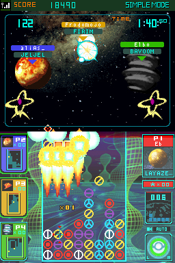 An image of the game Meteos, split between two screens. The falling blocks in this level are shaped like peace signs, circles, and "no" signs; the player is launching a moderately-sized meteor towards a planet called Firim.
