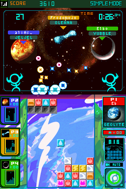 An image of the game Meteos, split between two screens. The falling blocks in this level are shaped like squares, with "fire", "lightning", and "water" shapes, among others. The player is launching a meteor, but it hasn't hit a planet yet. Two "aliens" sit at each side of the top screen.