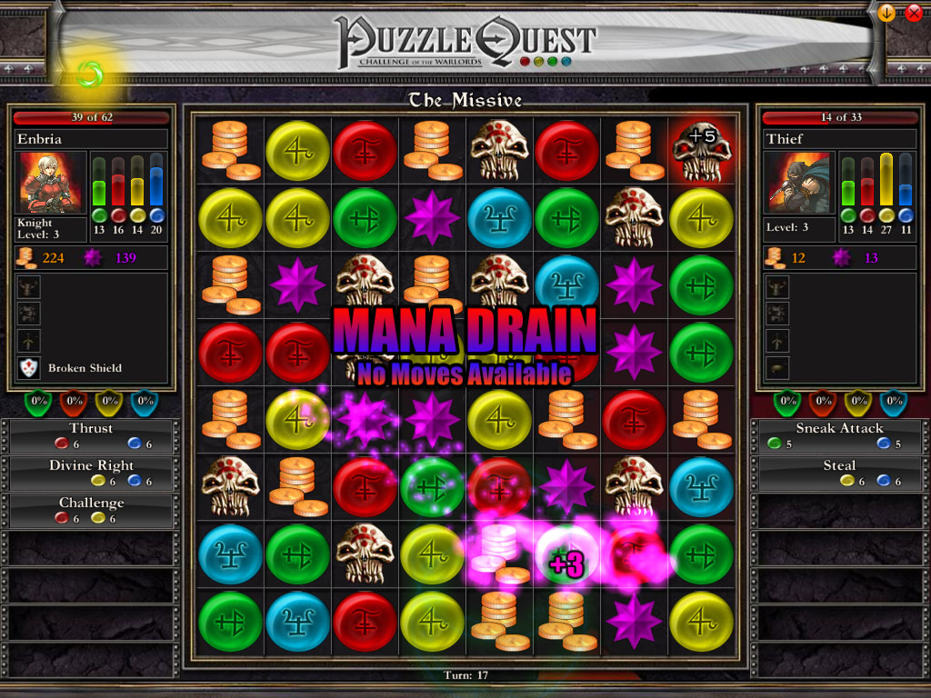 An image of gameplay from the game Puzzle Quest: Challenge of the Warlords. A match three board like the game Bejeweled, with character stats and abilities on both sides. Some of the "jewels" you need to match are round tokens with runes on them, while some are stacks of coins, pointed polyhedra, or skulls.
