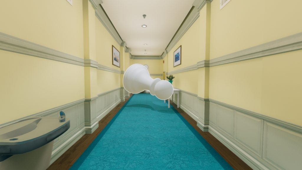 A stylized realistic image from the game Superliminal. The player is standing in a hallway with blue carpet, holding a chess piece in front of their pace, making it look big. 