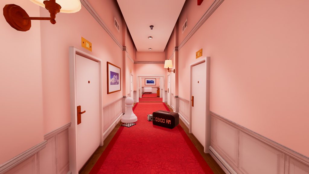 A stylized realistic image from the game Superliminal. The player is standing in a hallway with red carpet, with a large chess piece and alarm clock on the floor.