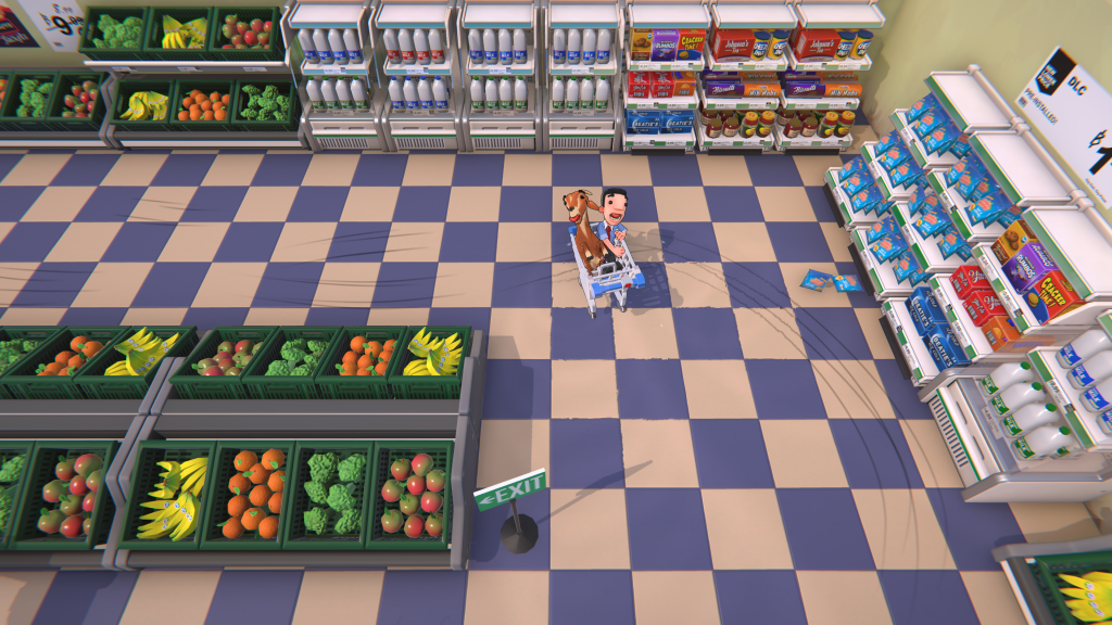 A cartoonish, stylized image from the game Supermarket Shriek. A man and a goat sit in a shopping cart in the middle of a grocery store, seen from above. The grocery store has a checkered tile floor; the walls are lined with shelves containing vegetables, milk, and boxed groceries. The shopping cart has left skid marks on the floor; it's heading towards an Exit sign at the bottom center of the image.  The man and the goat are both screaming.