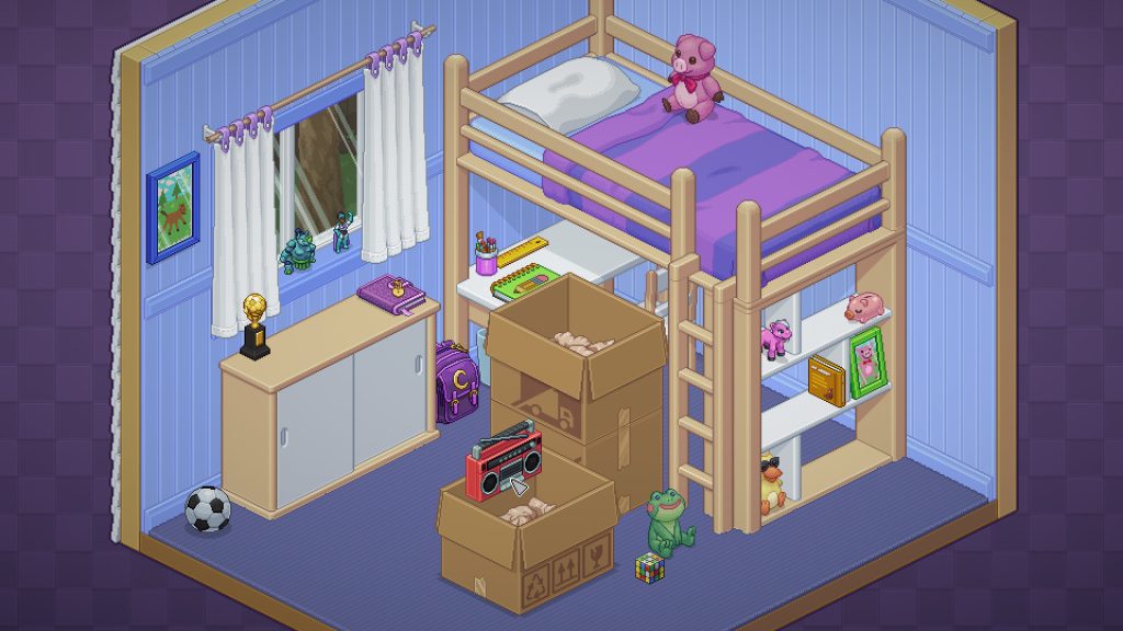A pixel-art image of a child's bedroom from the game Unpacking. The walls are light blue, and the carpet is dark blue. A loft bed sits along one wall, with a shelf and a desk beneath it. A cupboard sits below the window. Two large moving boxes sit next to the loft bed. A number of knickknacks- including a plush pig, a soccer ball, and a plush frog- are scattered across the room. 
