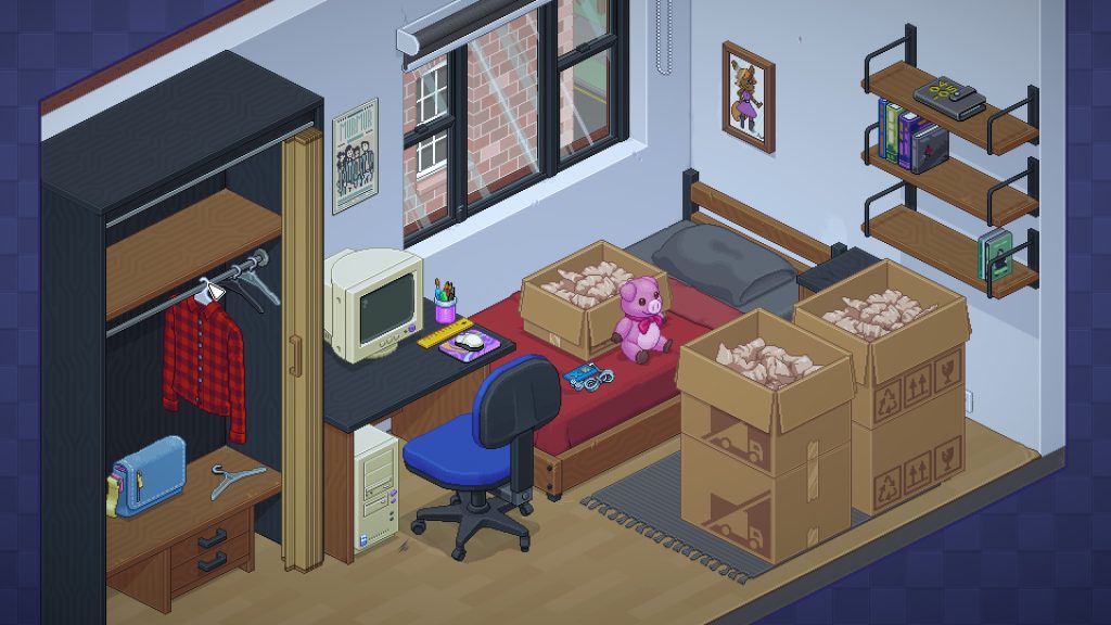 A pixel-art image of a dorm room from the game Unpacking. A bed with a red bedspread sits next to a computer desk, with a chunky vintage computer on it. Next to the desk is a wardrobe; a blue messenger bag and a red flannel shirt are inside. A bookshelf on the other wall holds some books. Two moving boxes sit on the floor beside the bed, and a smaller moving box sits on the bed. The plush pig from the first image sits on the bed, next to one of the moving boxes.