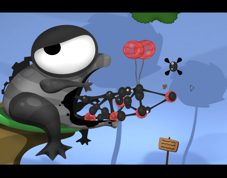 A stylized, cartoon screen capture from World of Goo. A giant grey frog with sad goggle eyes and gears sticking out of its back sits at the edge of a cliff. A black lattice hangs out of its mouth, suspended by pink balloons. Black goo balls with goggly eyes crawl along the lattice, and one goo ball is floating above the lattice. 